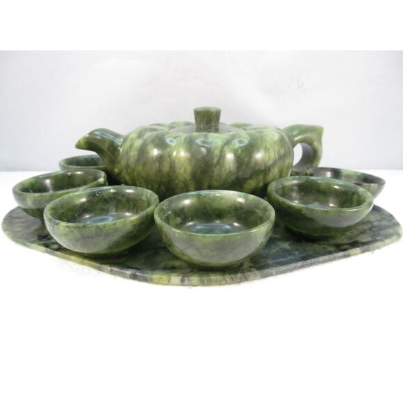 Vintage Asian Jade Teapot Cups and Tray Set in Original Box - Picture 1 of 16